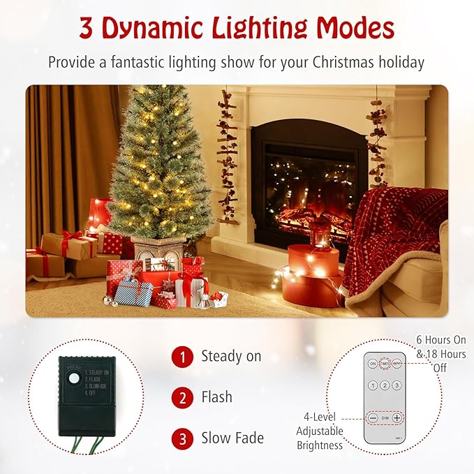 Goplus 4ft Pre-Lit Christmas Tree for Entrances, Artificial Potted Xmas Tree with 100 LED Lights, Timer, 3 Lighting Modes, 116 Branch Tips, Pine Needles, Antique Urn Base, Porch Indoor Holiday Decor