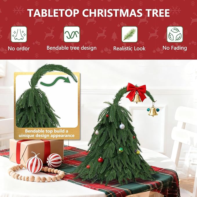 Tabletop Norfolk Pine Christmas Tree, 2FT Green Mini Artificial Christmas Tree with Norfolk Branch, Small Xmas Tree for Christmas Holiday Indoor Decoration
