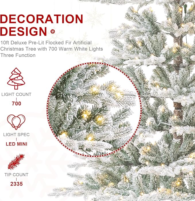 Glitzhome Prelit Christmas Tree, 10ft Artificial Christmas Tree with Easy Assembly Metal Stand, Deluxe Flocked Christmas Tree Majestic Frostfall Fir with 700 Warm White Lights for Holiday Decoration