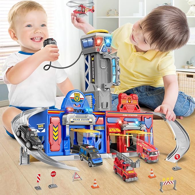 Ochido Boys Toys for 3 4 5 6 Years Old,Large City Action Playset Kit with Lights Sounds,Walkie-Talkie,Foldable Police & Fire Station Transform Track Toy with 4 Cars,Helicopter,7 Accessories