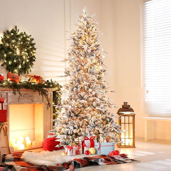 Goplus 7.5ft Pre-Lit Snow Flocked Christmas Tree, Artificial Hinged Xmas Tree with 350 Warm-White Incandescent Lights, 1107 Branch Tips, Natural Pinecones, Metal Stand, for Holiday Office Home Decor