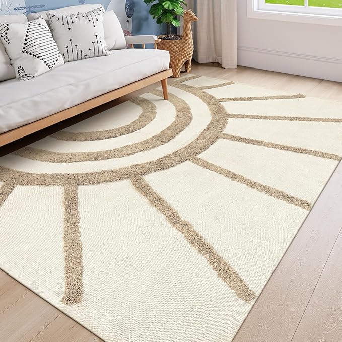 OJIA Boho Area Rug 5'x8', Washable Tufted Living Room Rugs Soft Bedroom Rug Nursery Rug, Farmhouse Cotton Woven Tan Floor Carpet Rugs for Dorm/Kids Room/Nursery/Classroom/Office