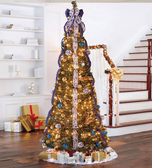 BrylaneHome 7.5 Ft Fully Decorated Pre-Lit Pop-Up Christmas Tree with 450 Warm Lights & Included Stand, Collapsible, Easy Assembly - Royal Blue