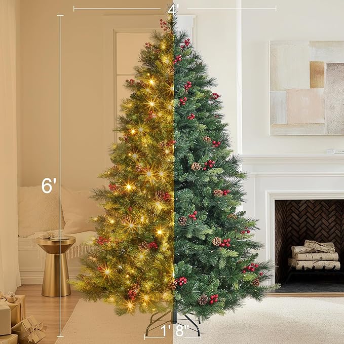 6FT Pre-lit Artificial Christmas Tree, Pre-Decorated Fluffy Fraser Fir with 350 Warm White Lights, 900 Hinged Branch Tips, Pine Cones & Berries, Includes Metal Stand for Holiday Decor