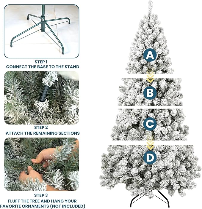 Kadunmina 9ft Artificial Christmas Tree, Premium Unlit Hinged Snow Flocked Xmas Tree with 1910 Branch Tips, Realistic Holiday Full Trees with Foldable Metal Stand for Home,Office,Green & White