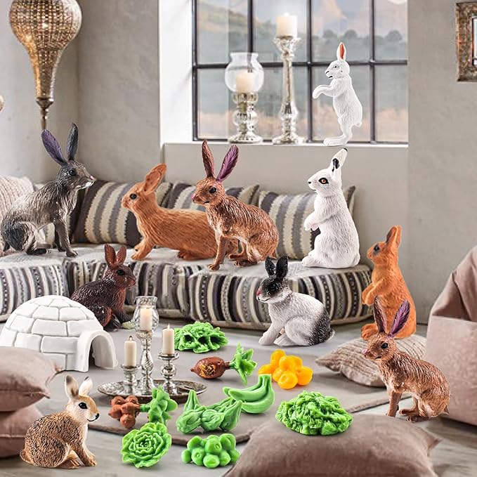 Mini Rabbit Action Figures with Holes Toys Set 21PCS for Toddlers Rabbits Toys Cake Toppers Bunny Figurines Gifts for Kids Boys and Girls Doll House Accessories