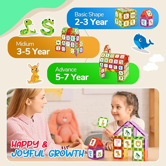 Magnetic Tiles Letters Learning Toys, Animals Alphabet ABC Magnets for Kids 1-3 2-4 3-5, Toddlers Classroom Must Haves Construction Stacking Toys, Teacher Educational Supplies for Preschool Spelling