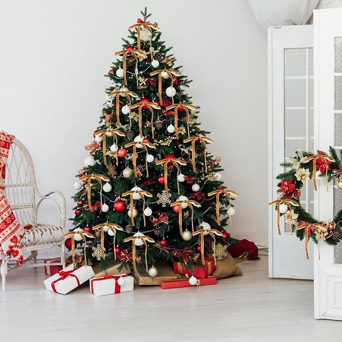 24Pcs Velvet Ribbon 5 x 7 Inch Christmas Ribbon 3/8 Inch Wide Christmas Bows Vintage Velvet Bows for Christmas Tree Camel Bows for Christmas Tree Decorations