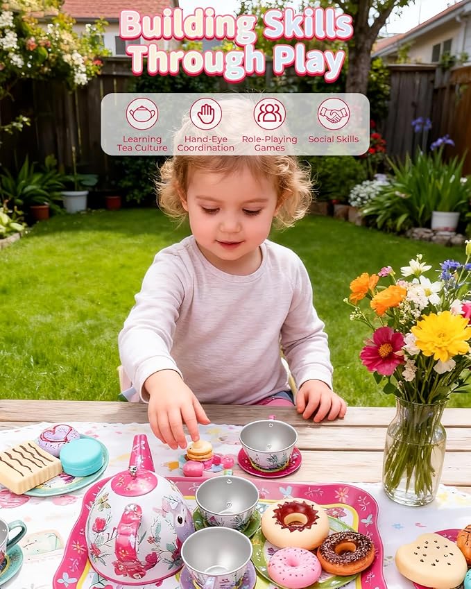 Updated Princess Tea Party Set for Little Girls & Boys - Toddler Tea Set with Dessert & Carrying Case- Immersive Tea Culture Discovery Set -Learn & Play Kids Tea Sets - Ultimate Gift Choice