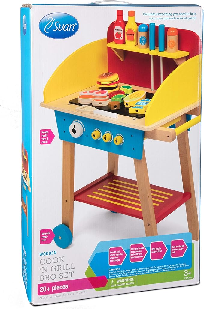 Cook 'N Grill Wooden BBQ Playset- Kids Pretend Play Wood Toy Barbeque w Food, Condiments & Grilling Tools- 30+ Pieces In All - Fun Indoor Outdoor Activity Set for Playrooms, Daycare Centers, Xmas Gift