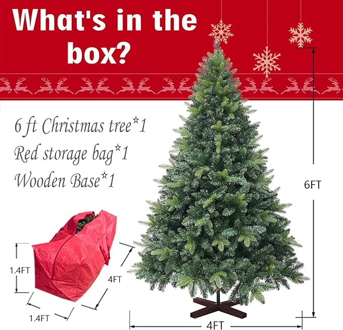 6ft Artificial Christmas Tree, 1152 Realistic Branch Tips, Easy Assembly Hinged Design, Includes Base