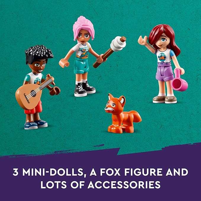 LEGO Friends Adventure Camp Cozy Cabins Camping Toy, Kids’ Nature Playset, Pretend Play Toy with 3 Mini Doll Characters and a Fox Toy Figure, Birthday Gift Idea for 7 Year Olds and Up, 42624