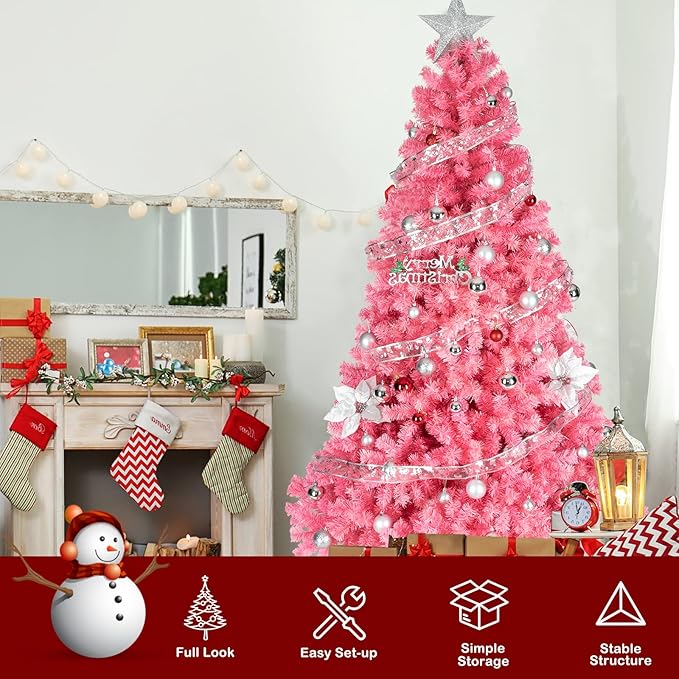 Bonnlo Upgraded Full 6ft Artificial Pink Christmas Tree Holiday Decoration w/ 1,600 Branch Tips, Sturdy Metal Stand
