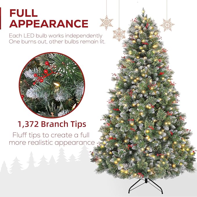 Hykolity 7.5ft Pre-lit Artificial Frosted Christmas Tree, Christmas Pine Tree with Red Berries, 350 Warm White Lights, 1372 PVC Branch Tips, Metal Stand and Hinged Branches