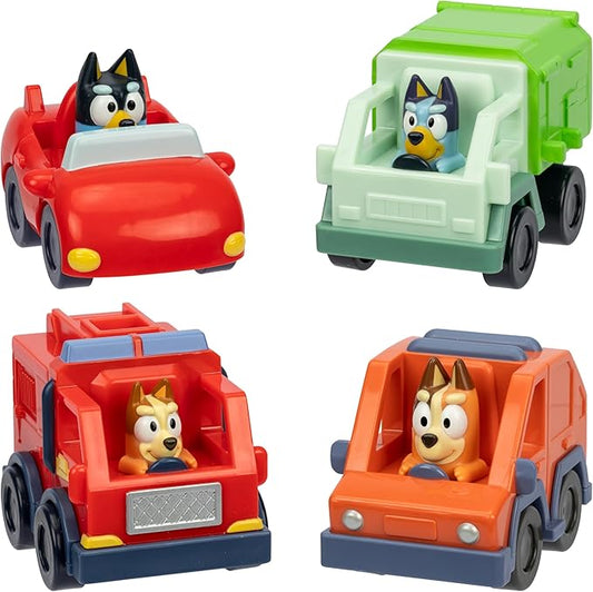 Bluey Vehicle Set – 4-Pack Includes Garbage Truck, Convertible, Family Car & Firetruck, Official Bluey Toys for Kids Ages 3+