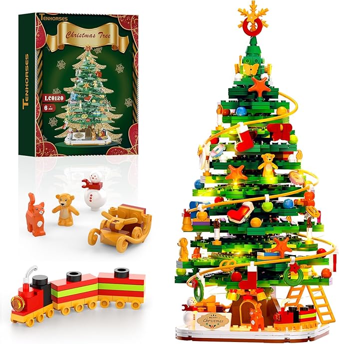 Christmas Tree with LED Light Building Blocks, Compatible with Lego Christmas Ornaments Set for Tabletop Home, Wreath Snowflake Xmas Decoration Stocking Stuffers Toy for Boys Girls Adults