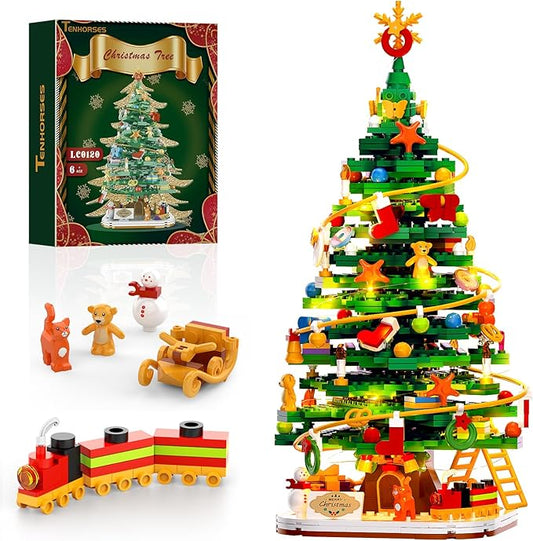 Christmas Tree with LED Light Building Blocks, Compatible with Lego Christmas Ornaments Set for Tabletop Home, Wreath Snowflake Xmas Decoration Stocking Stuffers Toy for Boys Girls Adults