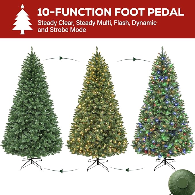 Hykolity 7.5' Pre-Lit Artificial Christmas Tree with 450 Changeable Color LED Lights, 1032 Tips, Easy Setup Hinged & Metal Base, 10 Modes