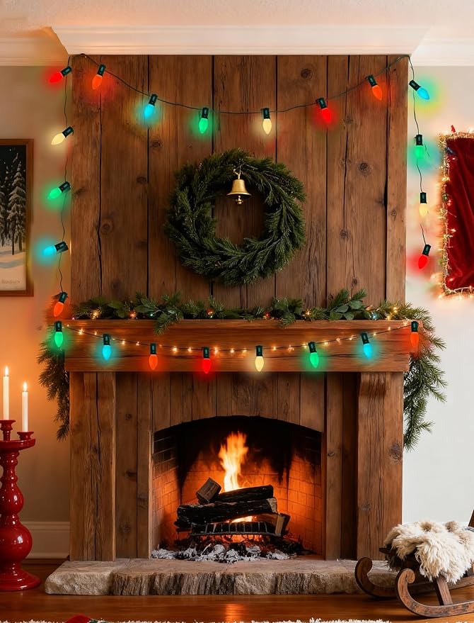 Abeja 25FT Outdoor C7 Multicolor Light, Vintage Christmas String Lights with 27 Multicolor Ceramic Bulbs (2 Spare), Hanging Christmas Lights for Outdoor Xmas Patio Wedding Party Garden Decor