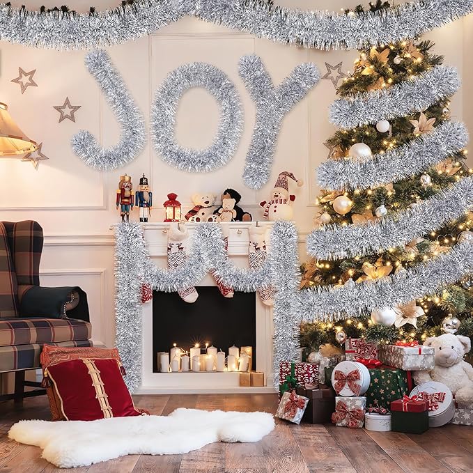 50Ft Christmas Tinsel Garland Silver Xmas Tree Decorations Metallic Glitter Twist Garland for Christmas Tree Decorations New Year Party Birthday Holiday Supplies Indoor Outdoor Supplies