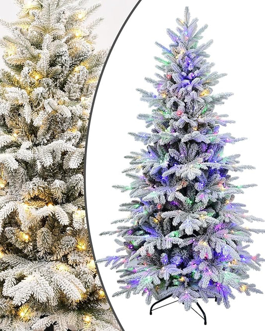 Prelit Christmas Tree 7ft, Artificial Flocked Christmas Tree with 400 Multicolor Lights, 2086 PE PVC Tips, LED Frosted Xmas Tree with Snow, 9 Color Modes, Hinges, Home Decor