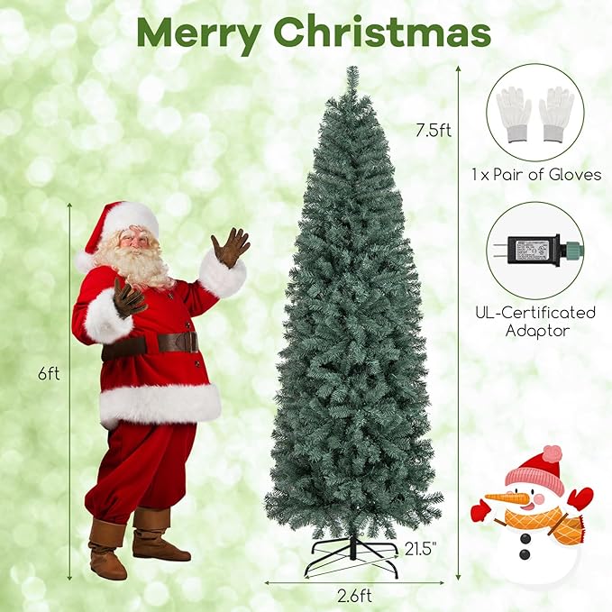 GOFLAME 7.5FT Pre-Lit Pencil Christmas Tree, Hinged Artificial Xmas Tree with 724 Branch Tips, 250 LED Lights, 9 Lighting Modes & Folding Metal Stand, Slim Holiday Decoration Tree for Home Party