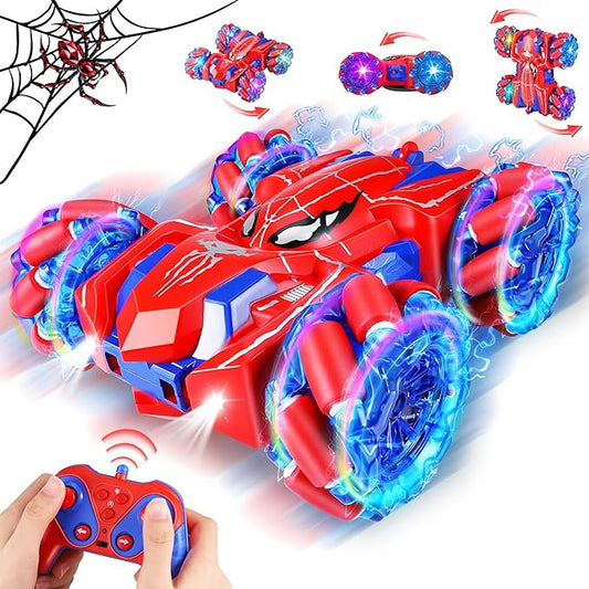 Spider RC Cars for 4 5 6 7 8 Year Old Boys - 2.4Ghz Rechargeable Double Sided Remote Control Stunt Car, 360°Rotating 4WD Off-Road RC Drift Car with Light, Birthday Xmas Gifts for Kids Age 4-6 5-7 8-12
