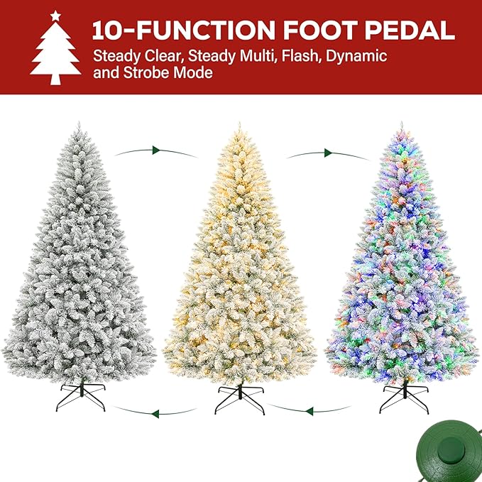 Hykolity 7.5ft Prelit Artificial Christmas Tree, 10 Light-Mode Snow Flocked Christmas Tree with 450 Multicolor LED Lights, 1446 PVC Tips, Easy Setup Xmas Trees with Sturdy Metal Stand