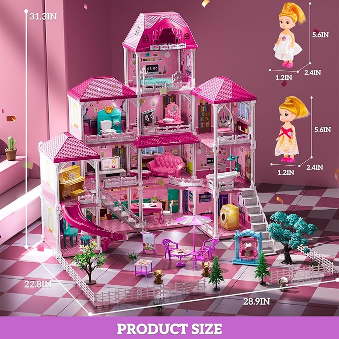 4-Storey House for Girls Ages 3-7, Villa Playset with 2 Dolls and 12 Room, Furniture and Accessories, Pretend Indoor Playset Toddler Toys, Birthday Girls Toys for Ages 4-8 6-8