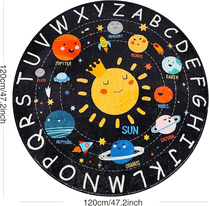 ABC Kids Round 4 Ft Soft Circle Alphabet Playroom Rug, Washable Non-Slip Solar System Educational Rug for Classroom, Playroom, Bedroom Decor