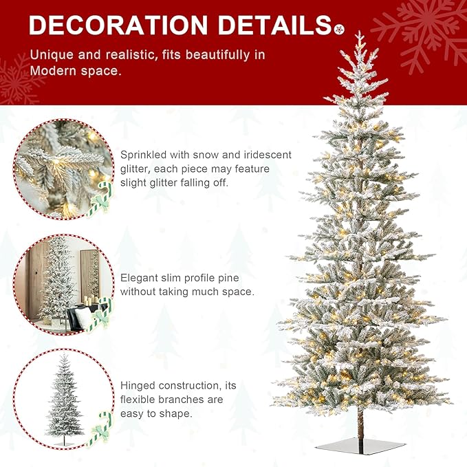 Glitzhome 10ft Prelit Christmas Tree, Artificial Flocked Christmas Tree with 2335 PE&PVC Branch Tips, Deluxe Majestic Frostfall Fir Holiday Tree w/700 Warm White Lights, Three Function, Easy Assembly