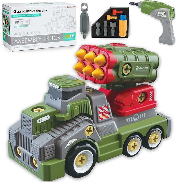 11inches Large Take Apart Army Toys for Boys Girls Kids 3-5 6-8 Year Old Missile Katyusha Rocket Trucks with Electric Drill Assembly Toy Set Gifts