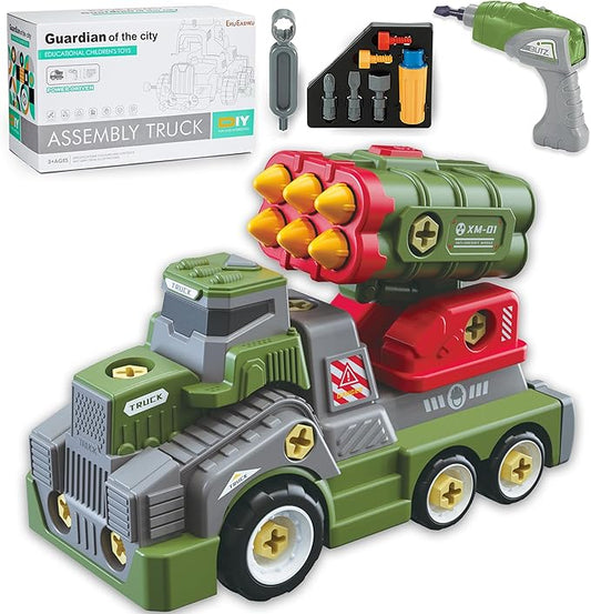 11inches Large Take Apart Army Toys for Boys Girls Kids 3-5 6-8 Year Old Missile Katyusha Rocket Trucks with Electric Drill Assembly Toy Set Gifts