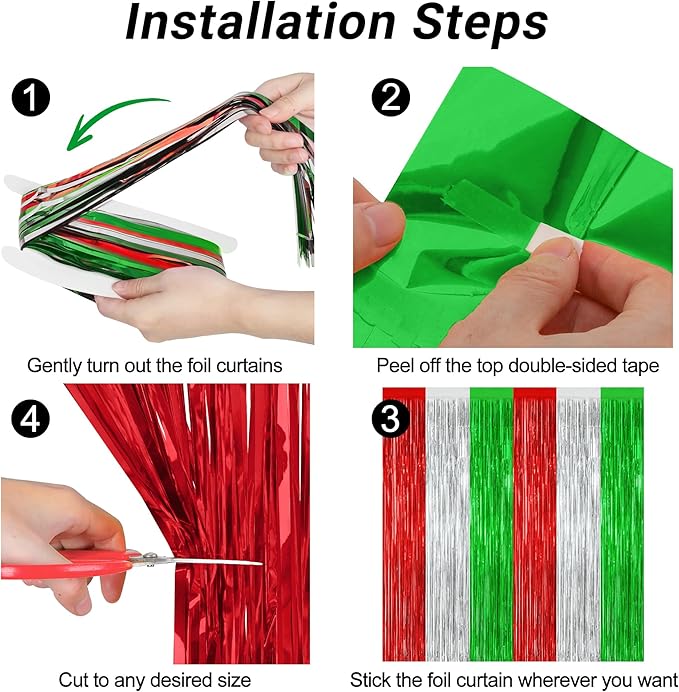 4 Pack Christmas Curtains, 3.28 FT x 7.05 FT Red Silver Green Foil Backdrop, Metallic Foil Fringe Curtains Party Streamer Picture Backdrop, Christmas Door Decorations Photo Props Party Supplies