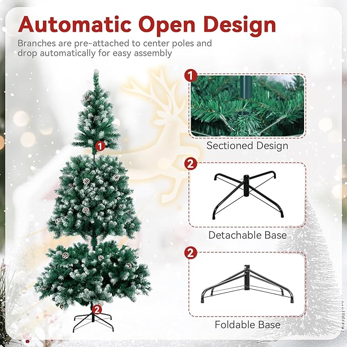 6FT Artificial Christmas Tree, Unlit Hinged Premium Xmas Trees with 800 Branch Tips, 30 Pine Cones, Foldable Metal Stand for Home, Office, Holiday Party Decoration
