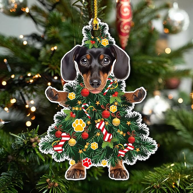 2025 Black Dachshund Christmas Tree Ornament - Festive Holiday Acrylic Hanging Decoration with Adorable Dachshund Dog - Black Wiener Dog Christmas Tree Hanging Ornament