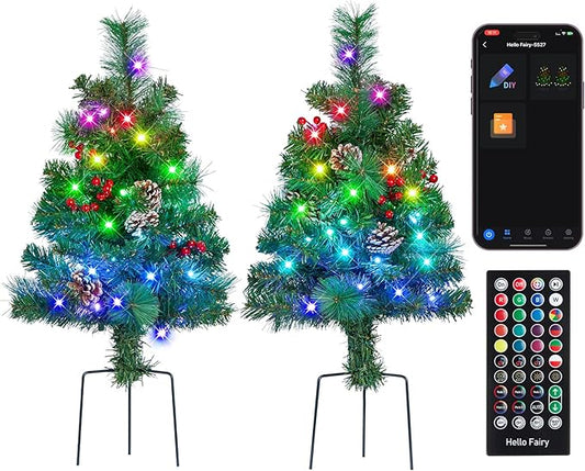 2 Pack of 28 INCH Pre-Lit Artificial Pathway Christmas Trees,Outdoor Christmas Tree for Porch,Yard,Driveway,Lighted Christmas Tree with Pine Cones,Red Berries and Red Ornaments Home Decoration