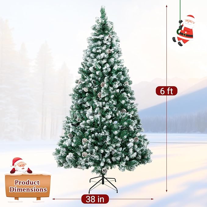 6ft Green Artificial Christmas Tree, Premium Unlit Holiday Xmas Tree for Home Office Party Decoration with 800 PVC Hinged Partially Frosted Branch Tips, 30 Real Pinecones, Foldable Stand