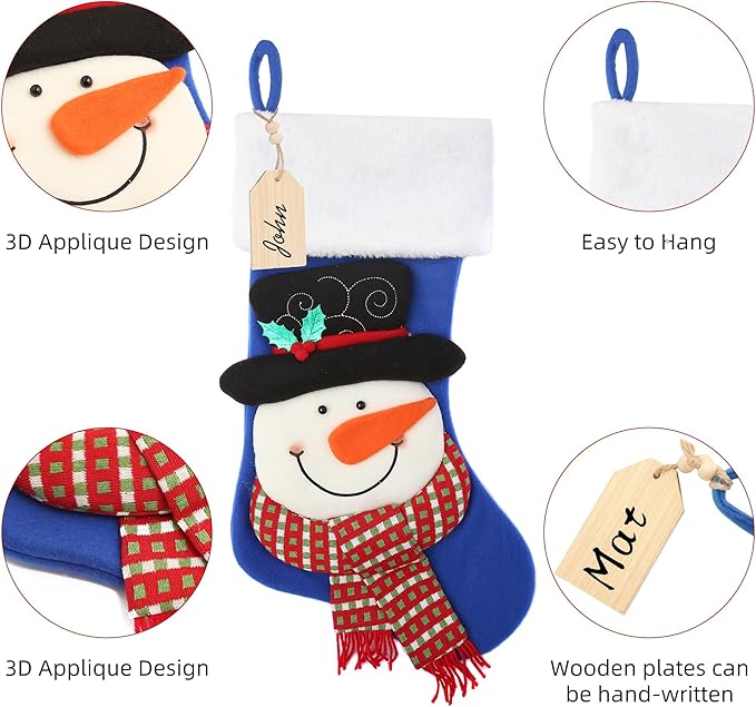 Christmas Stocking,21 inch Christmas Stockings with Wood Name Tag,3D Snowman Christmas Stocking,for Family Holidays and Christmas Tree Fireplace Decoration(Blue)