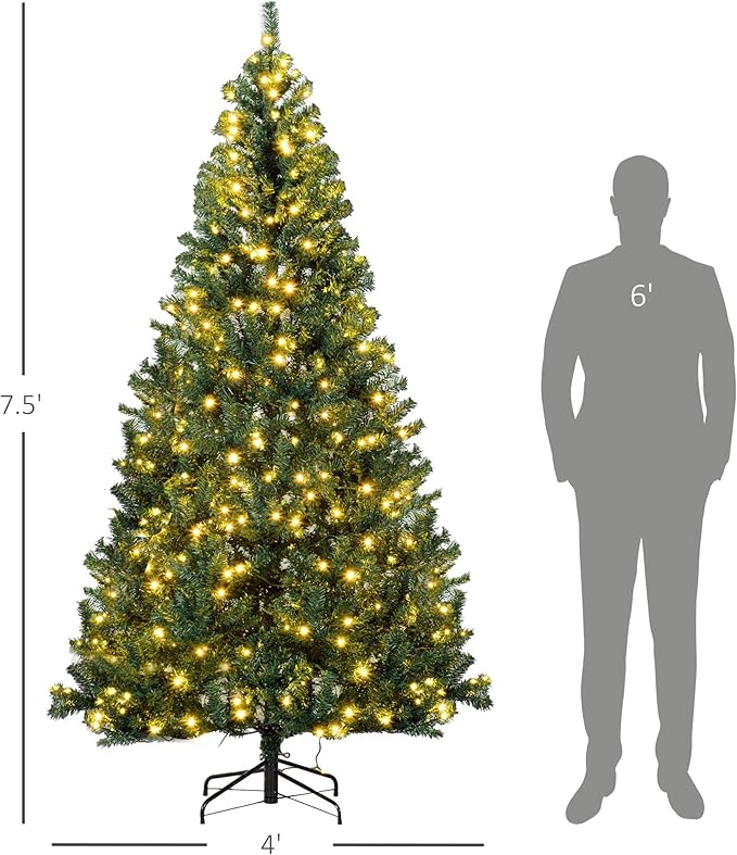 HOMCOM 7.5' Tall Prelit Christmas Tree Douglas Fir Artificial Christmas Tree with 500 Warm White LED Lights, Realistic Branches and 1346 Tips, Green