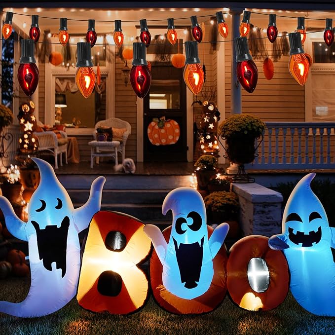 25Ft C7 Halloween Orange Purple String Lights Outdoor, Christmas Decorations Patio Light with 25 Orange/Purple Flickering Flame Lights Waterproof UL Listed for Outdoor Party Garden Bistro Roof Decor