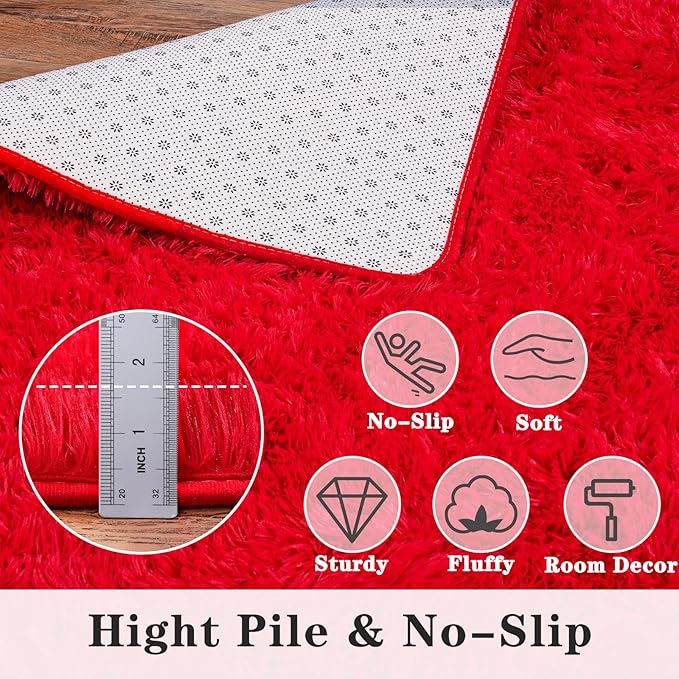 5'x7' Super Fluffy Rug for Bedroom, Modern Shag Red Area Rugs, Soft and Cozy Plush Large Carpet for Kids, Girls Boys and Teens Decorations for Living Room Dorm Nursery Classroom, Red