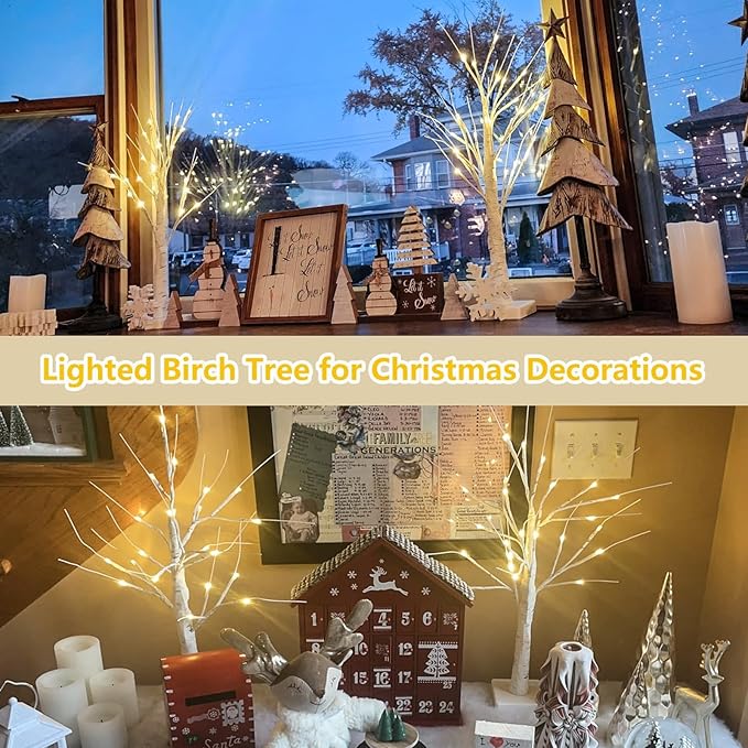 4-Pack 2FT Lighted Birch Tree for Christmas Decor with Timer, Birch Christmas Tree with 24 LED Warm White Lights, Battery Operated Artificial Tree Light for Indoor Bedroom Wedding Holiday Decorations