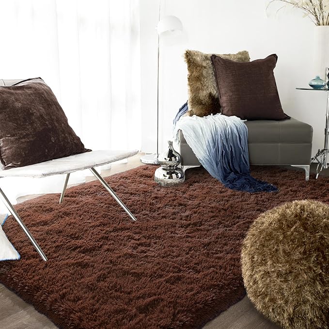 Ompaa Fluffy Area Rugs, Super Soft Shaggy Rug Fuzzy Long Fur Carpets for Bedroom Living Room Decor, 4 x 6 Feet Brown