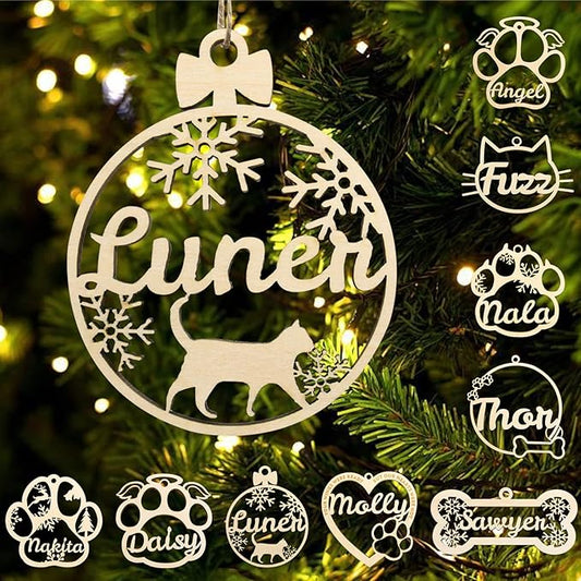 Personalized Dog Cat Paw Ornament Christmas, Custom Pet's Name Ornament, Customized Wooden Crawling Cat Ornaments for Christmas Tree