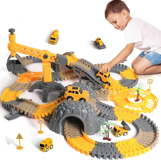 TUMAMA 249pcs Construction Race Track Vehicle Toys for Boys and Girls, STEM Building Bendable Cars Track Sets for Toddlers 3 4 5 6 Years Old