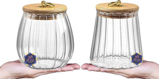 38 FL OZ Glass Jars with Bamboo Lids, Glass Containers with Airtight Lids for Storage, Large Candy Jars for Coffee Nuts Cookie, Decorative Glass Canister, 1130ml Oval & Conical