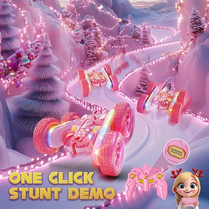 Remote Control Car for Girls, Pink RC Cars Stunt RC Car Girl Toys for Girls Double-Sided 360° Rotating with Headlights 4WD Kid Toys for Birthday Gifts (Pink)