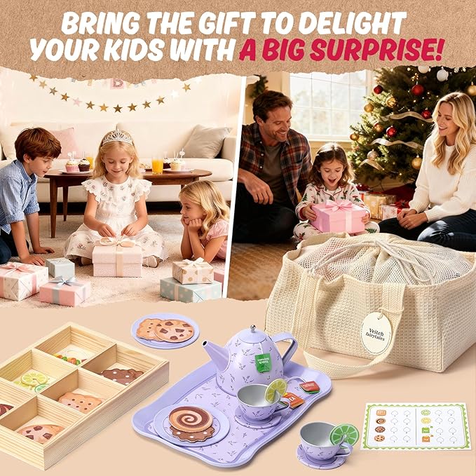 Kids Tea Party Set for Little Girl, Tea Sets for Toddler Pretend Play Food Kitchen Toy Accessories Gift for 3 4 5 6 Years Old Girls Boys (Purple)