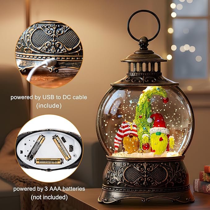 Christmas Snow Globes Christmas Water Lantern with Gnome Whimsical Christmas Tree, Music & 6H Timer, USB Lined/Battery Operated Lighted Lanterns for Xmas Festival Decoration Gifts